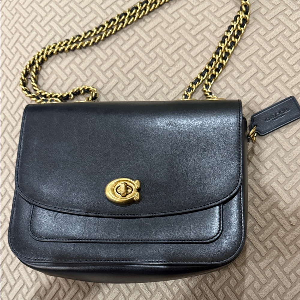 Coach Black Leather Madison shoulder Bag with Gold Chain